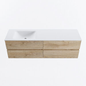 MONDIAZ VICA 160cm badmeubel onderkast Washed Oak 4 lades. Wastafel CLOUD links zonder kraangat, kleur Talc.