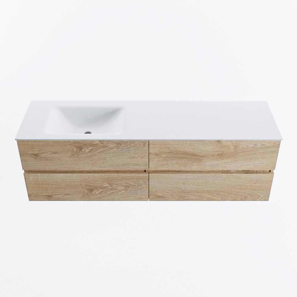 MONDIAZ VICA 160cm badmeubel onderkast Washed Oak 4 lades. Wastafel CLOUD links zonder kraangat, kleur Talc.
