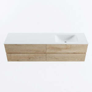 MONDIAZ VICA 180cm badmeubel onderkast Washed Oak 4 lades. Wastafel CLOUD rechts zonder kraangat, kleur Talc.
