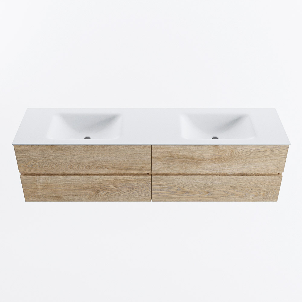 MONDIAZ VICA 180cm badmeubel onderkast Washed Oak 4 lades. Wastafel CLOUD dubbel zonder kraangat, kleur Talc.