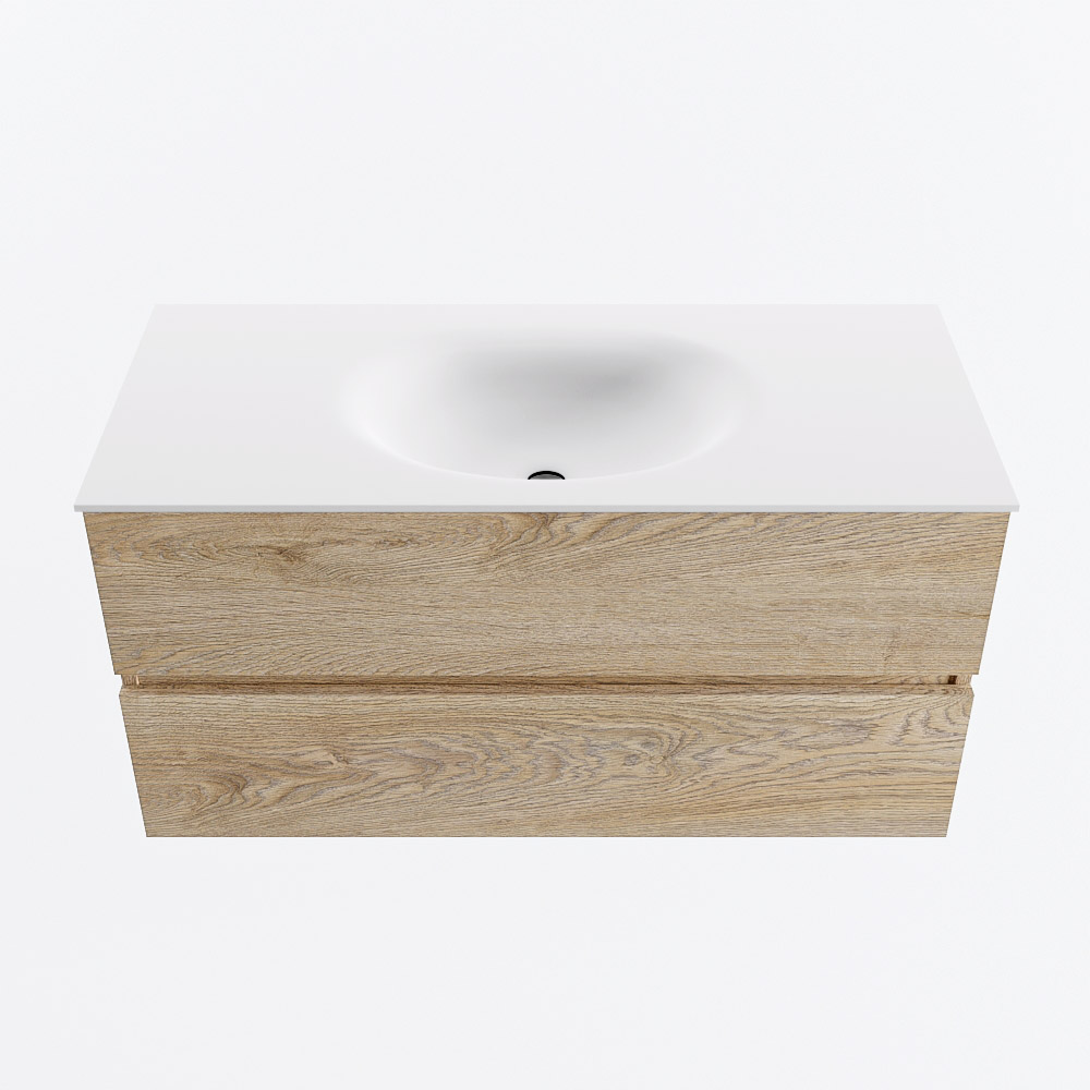 MONDIAZ VICA 100cm badmeubel onderkast Washed Oak 2 lades. Wastafel MOON midden 1 kraangat, kleur Talc.
