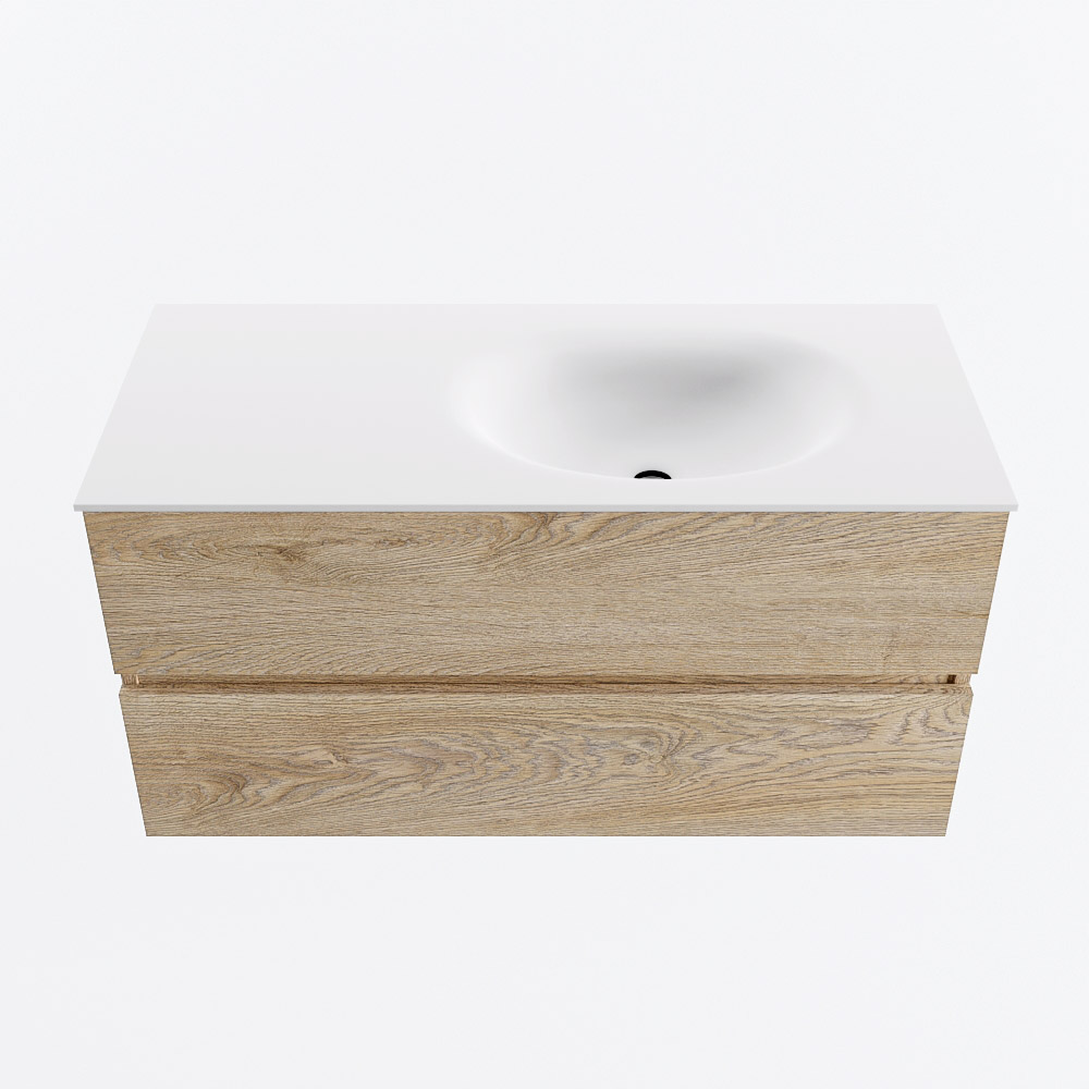 MONDIAZ VICA 100cm badmeubel onderkast Washed Oak 2 lades. Wastafel MOON rechts 1 kraangat, kleur Talc.