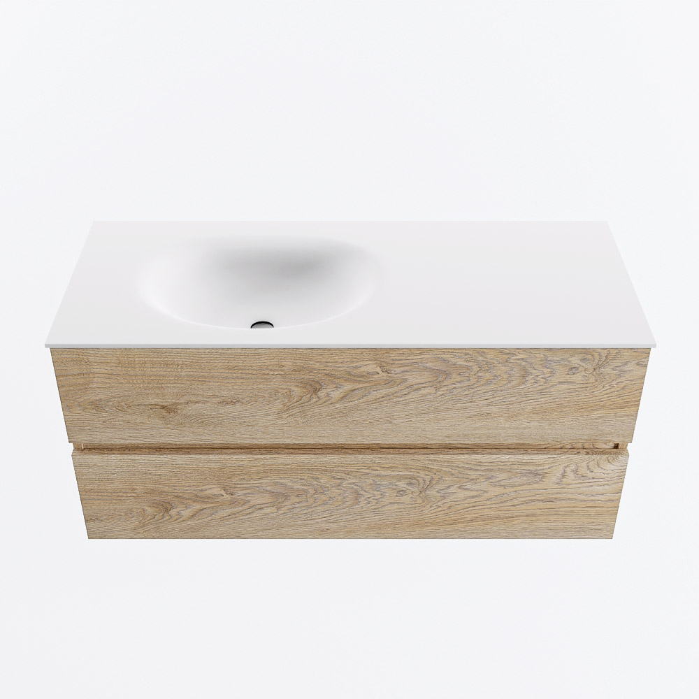 MONDIAZ VICA 110cm badmeubel onderkast Washed Oak 2 lades. Wastafel MOON links 1 kraangat, kleur Talc.