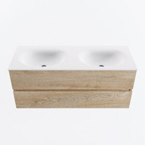 MONDIAZ VICA 120cm badmeubel onderkast Washed Oak 2 lades. Wastafel MOON dubbel 2 kraangaten, kleur Talc.