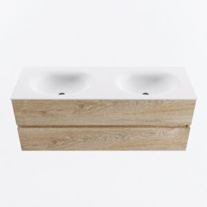 MONDIAZ VICA 130cm badmeubel onderkast Washed Oak 2 lades. Wastafel MOON dubbel zonder kraangat, kleur Talc.