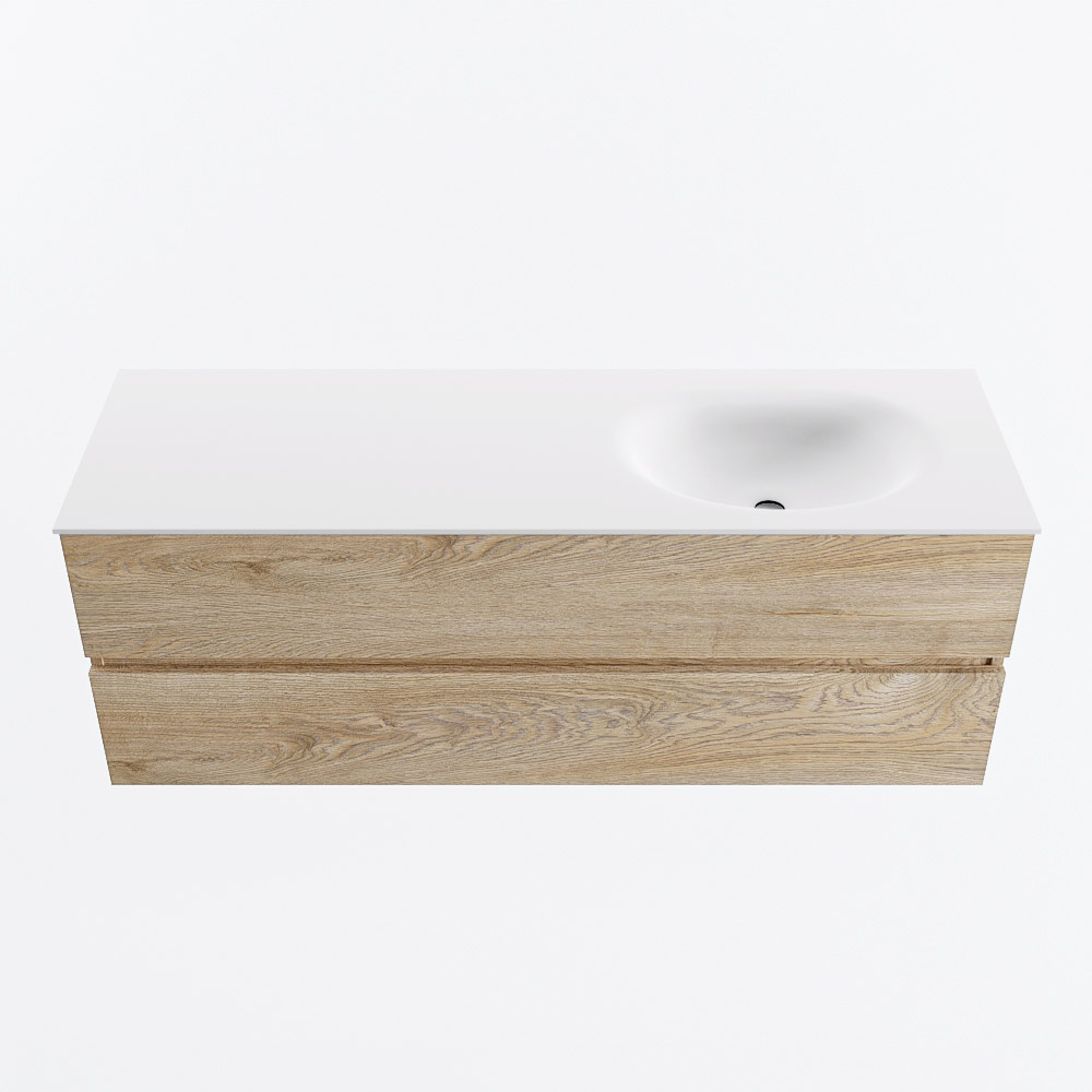MONDIAZ VICA 140cm badmeubel onderkast Washed Oak 2 lades. Wastafel MOON rechts 1 kraangat, kleur Talc.