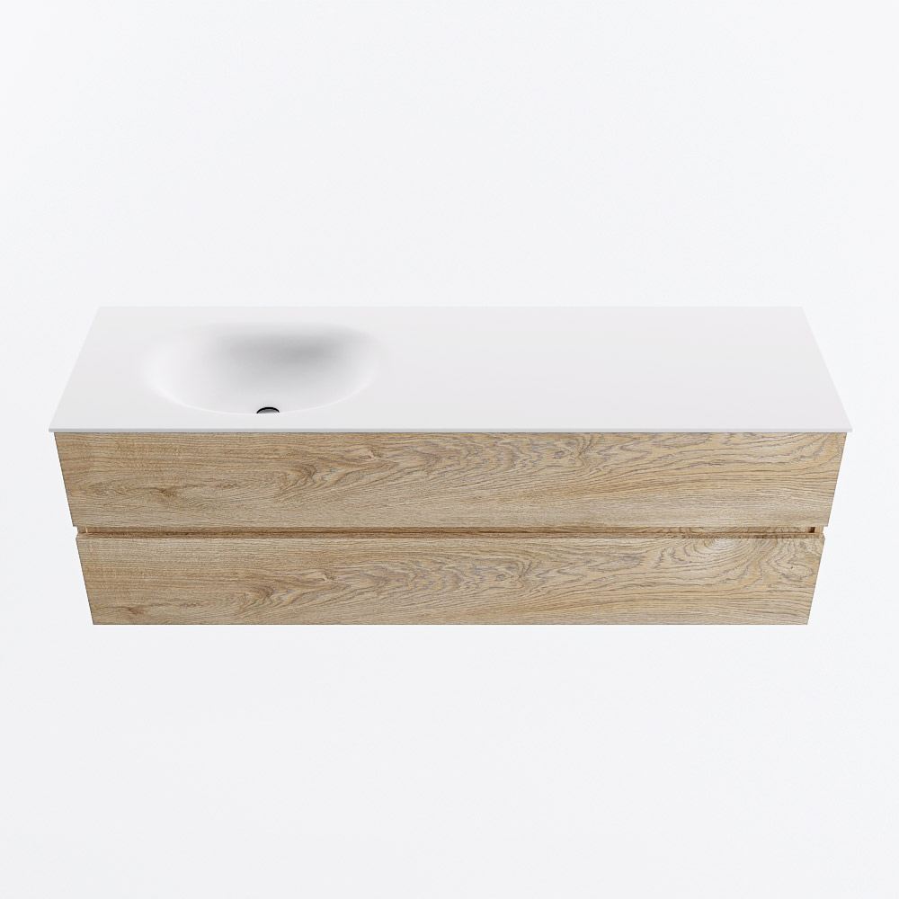 MONDIAZ VICA 150cm badmeubel onderkast Washed Oak 2 lades. Wastafel MOON links 1 kraangat, kleur Talc.