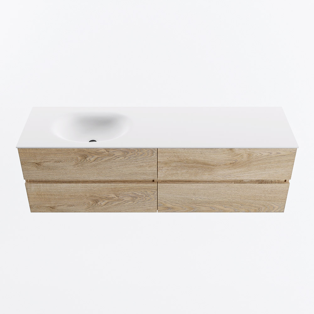 MONDIAZ VICA 160cm badmeubel onderkast Washed Oak 4 lades. Wastafel MOON links zonder kraangat, kleur Talc.