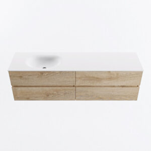 MONDIAZ VICA 170cm badmeubel onderkast Washed Oak 4 lades. Wastafel MOON links zonder kraangat, kleur Talc.