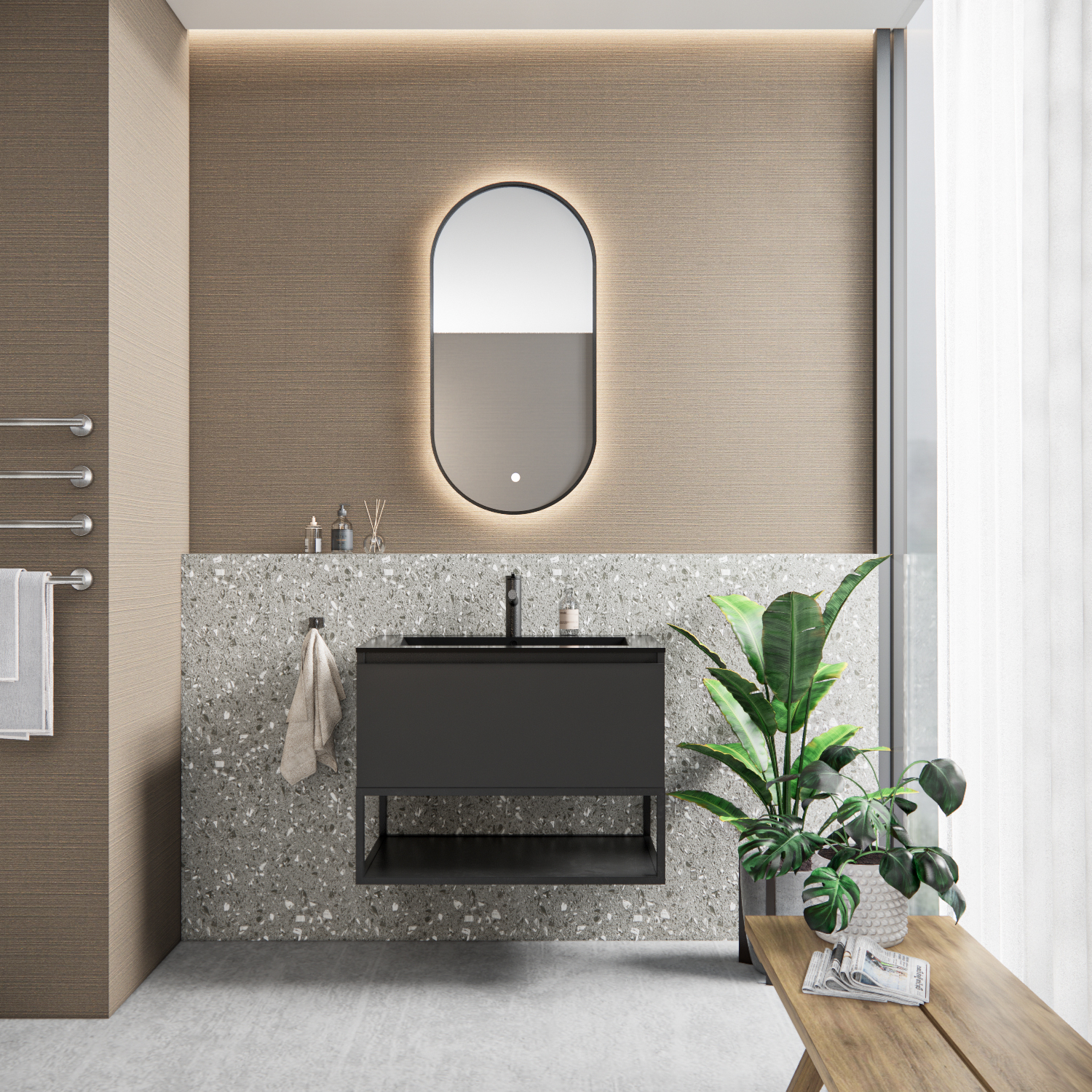 Badkamermeubelset BWS Anubis Frame 80cm 1 Lade Mat Zwart Met Wastafel (Naar Keuze)