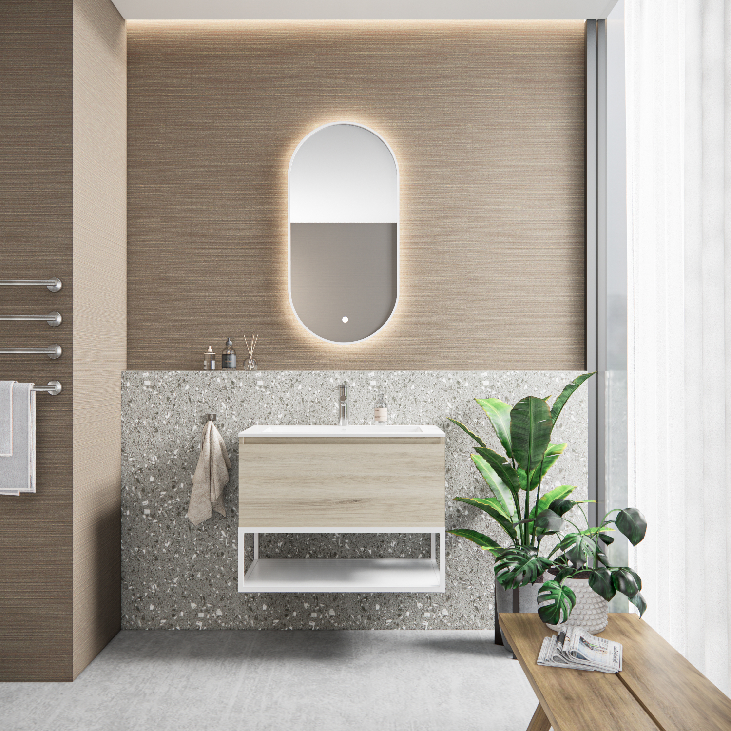 Badkamermeubelset BWS Anubis Frame 80cm 1 Lade Natuur Eiken Met Wastafel (Naar Keuze)