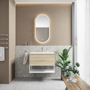 Badkamermeubelset BWS Anubis Frame 60cm 1 Lade Grijs Eiken Met Wastafel (Naar Keuze)