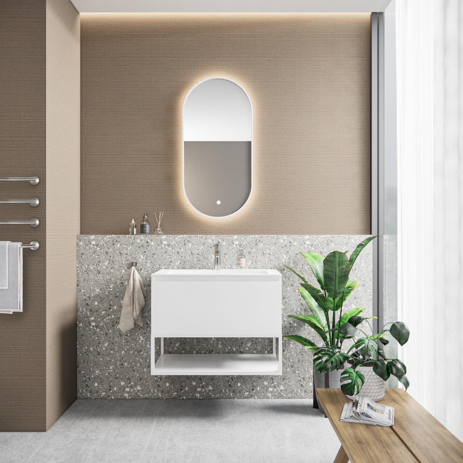 Badkamermeubelset BWS Anubis Frame 90cm 1 Lade Mat Wit Met Wastafel (Naar Keuze)