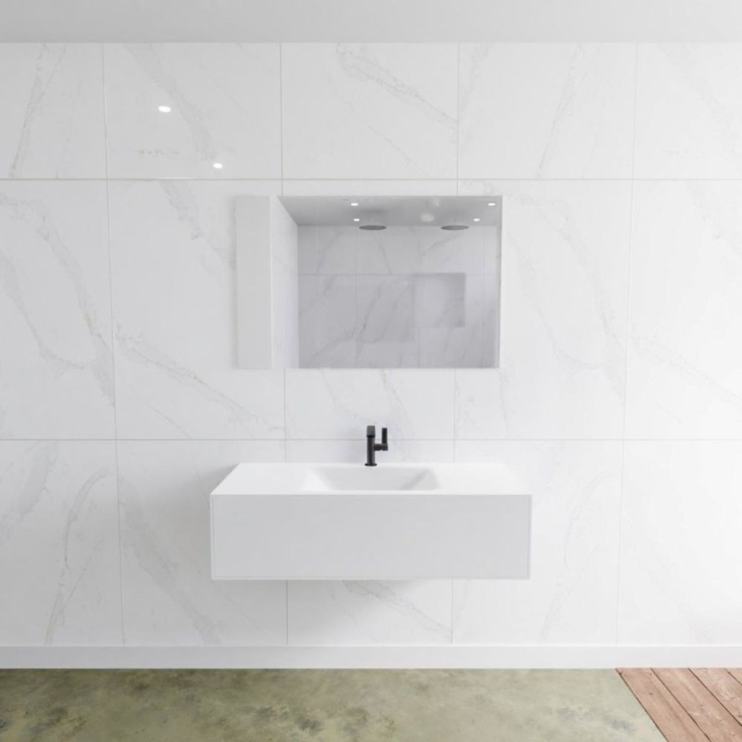 Badkamermeubelset Mondiaz LAGOM 110 cm Gecentreerde Waskom Solid Surface Met 1 Kraangat Mat Wit (1 lade)