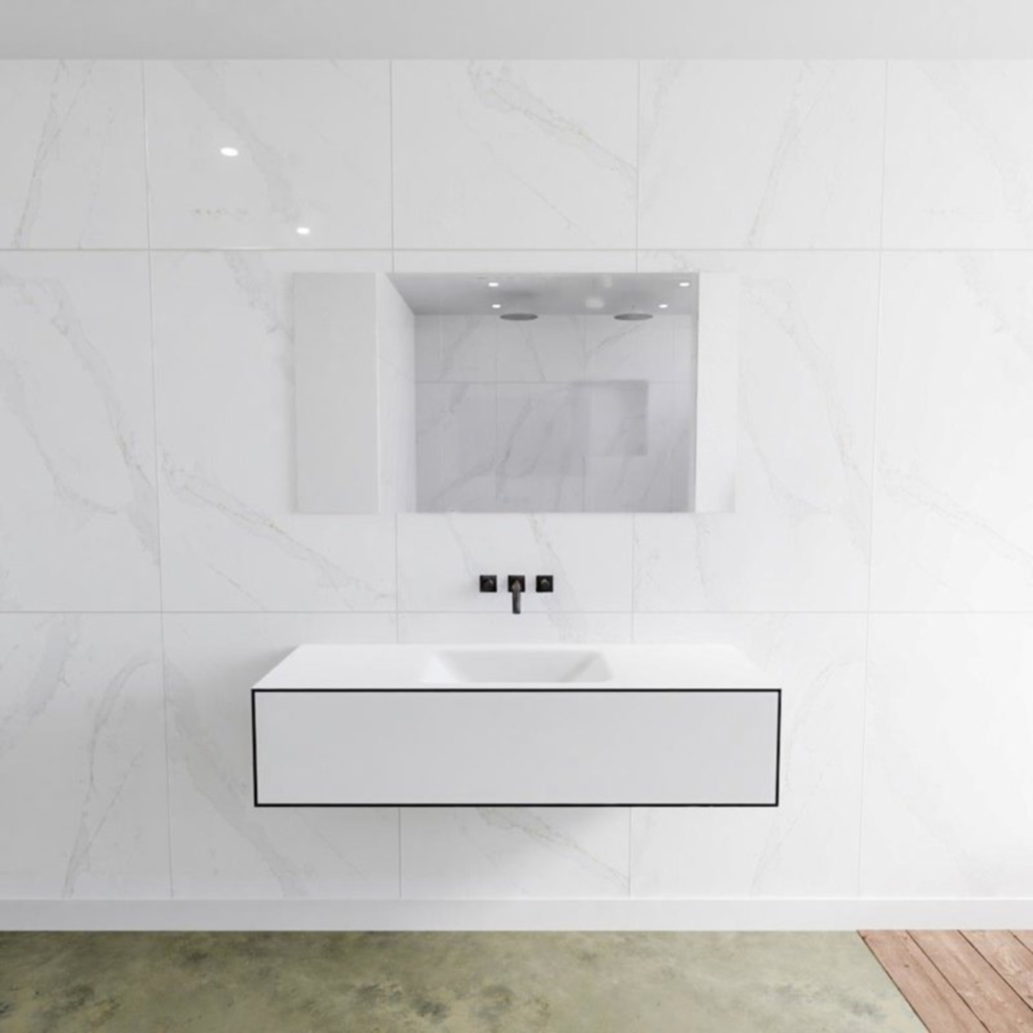 Badkamermeubelset Mondiaz LAGOM 130 cm met Gecentreerde Wastafel Solid Surface Zonder Kraangaten Mat Wit (1 lade)