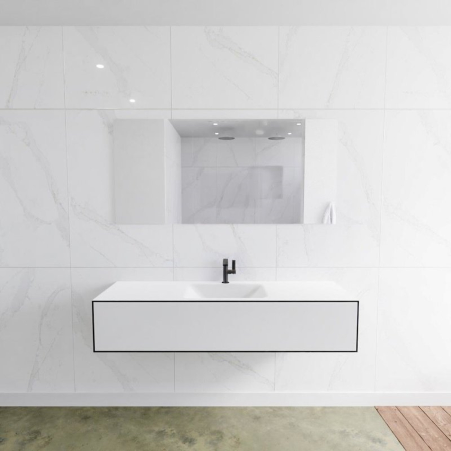 Badkamermeubelset Mondiaz LAGOM 150 cm met Gecentreerde Wastafel Solid Surface Met 1 Kraangat Mat Wit (1 lade)