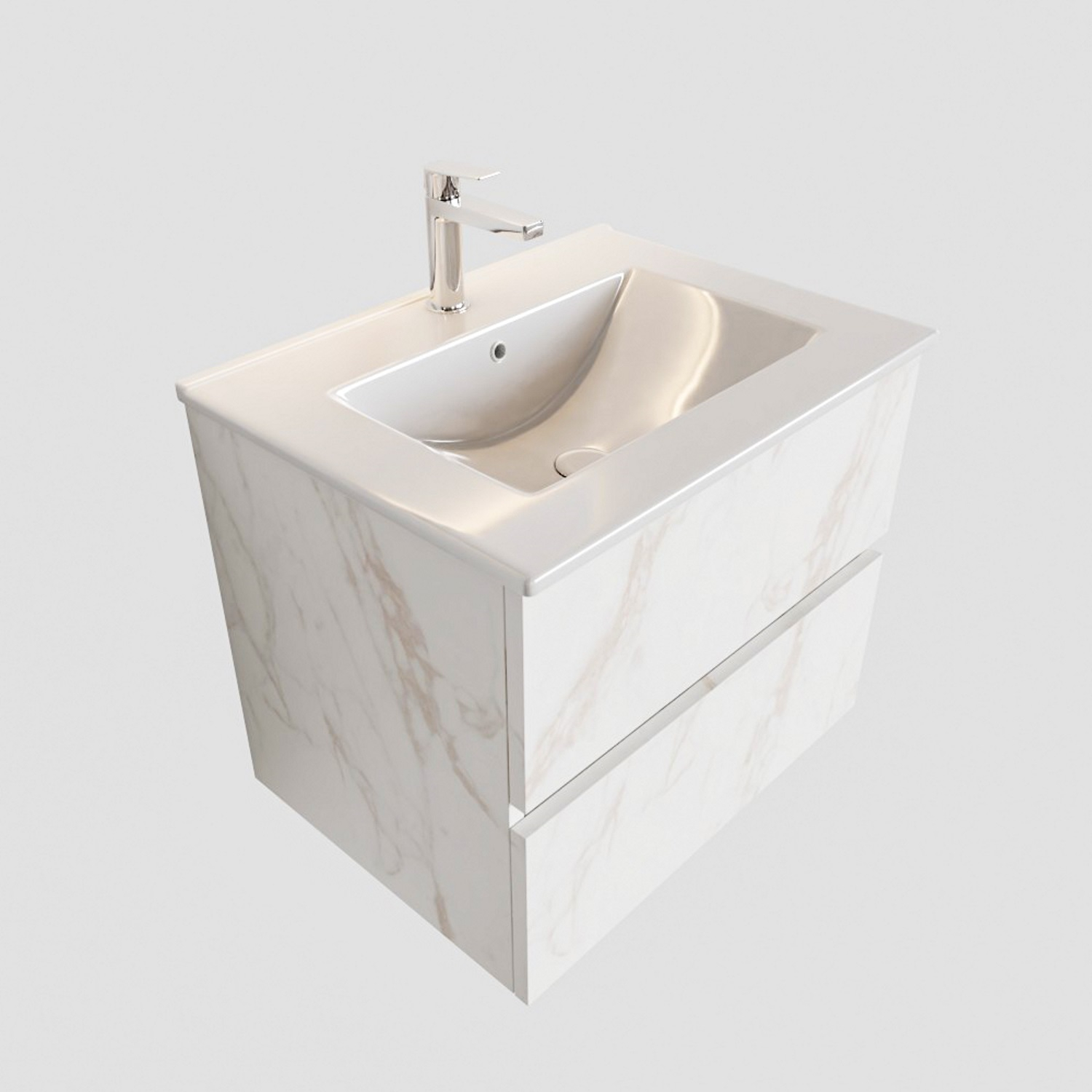 Badkamermeubel BWS Madrid Carrara Mat 60 cm Keramische Wastafel (1 kraangat, 2 lades)