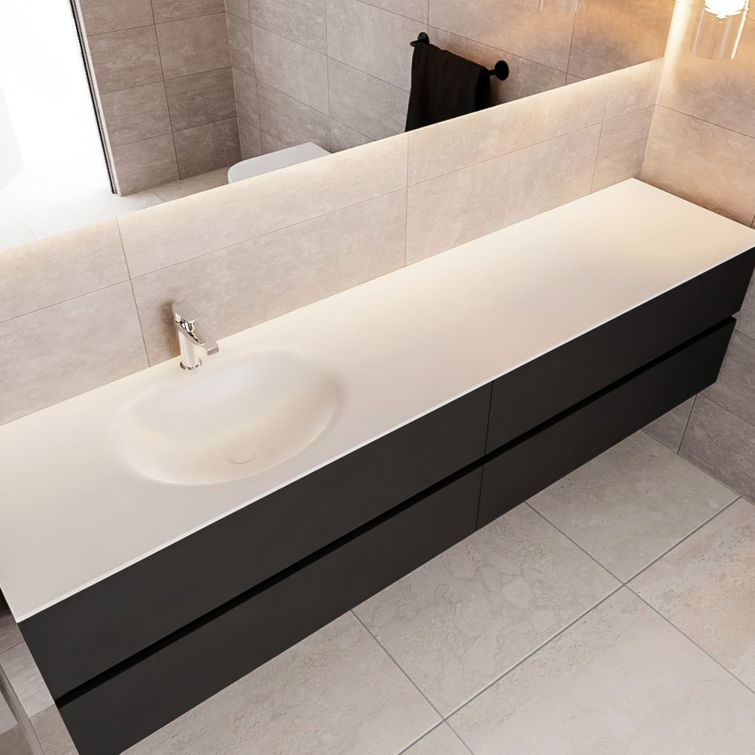 Badkamermeubel Solid Surface BWS Stockholm 200x45 cm Mat Zwart Urban Links (1 kraangat, 4 lades)