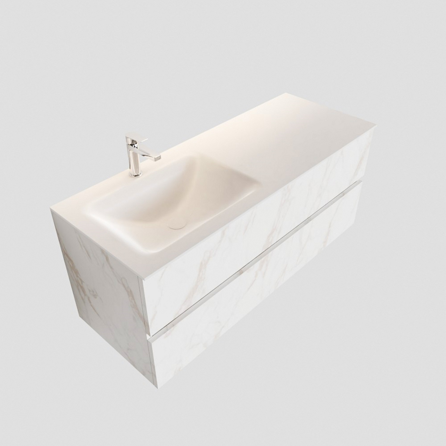 Badkamermeubel BWS Valencia Carrara Mat 120 cm Solid Surface Wastafel Links (1 kraangat, 2 lades)