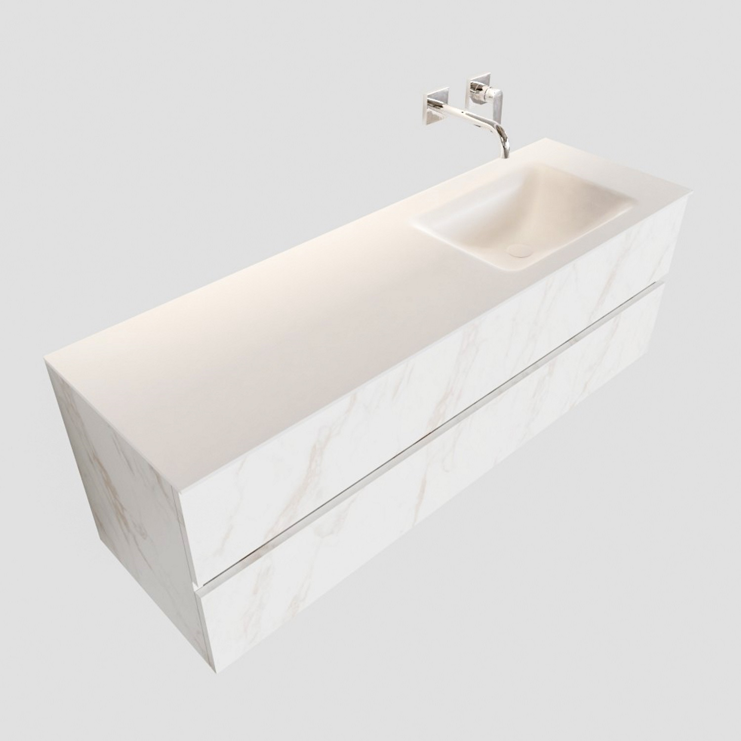 Badkamermeubel BWS Valencia Carrara Mat 150 cm Solid Surface Wastafel Rechts (0 kraangaten, 2 lades)