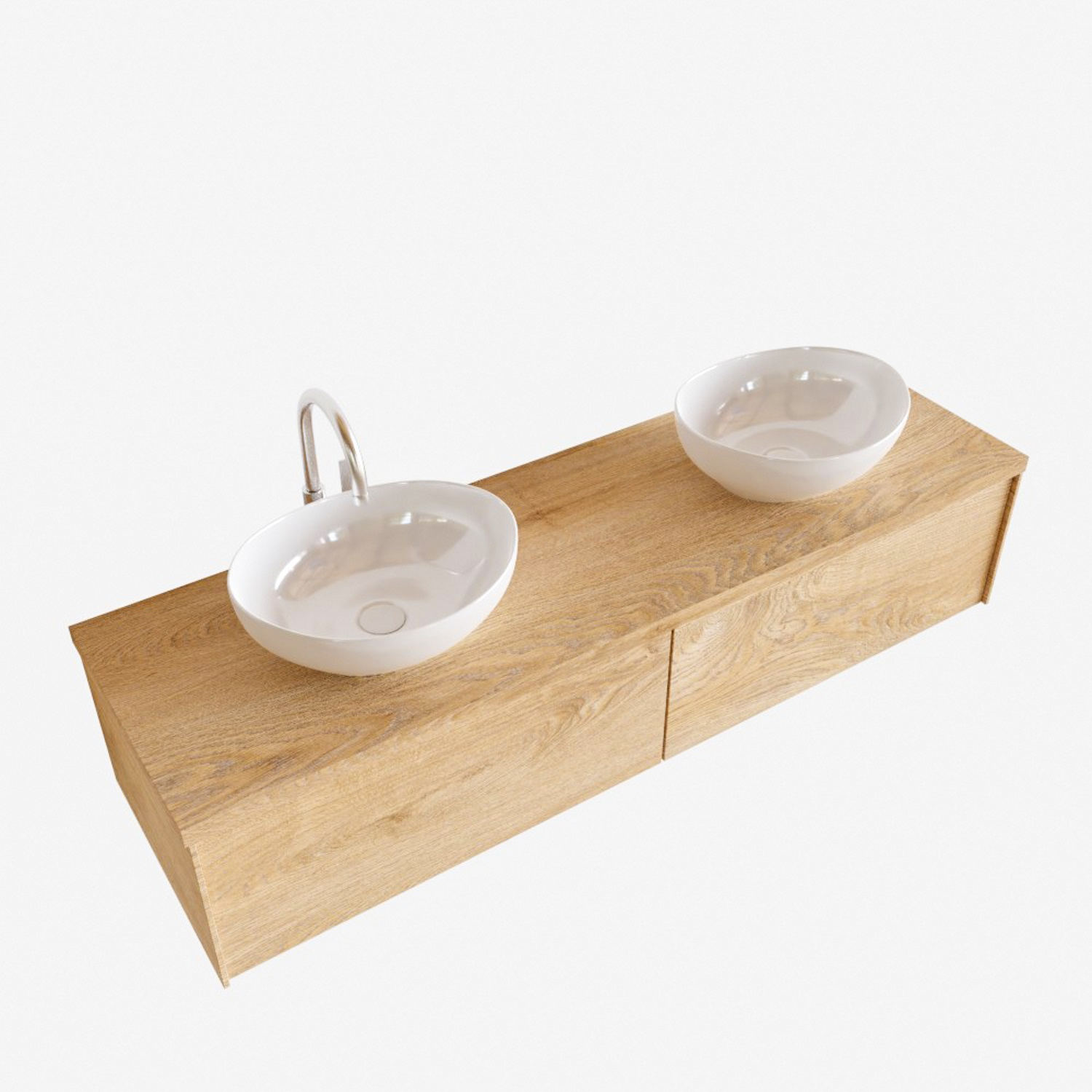 Badkamermeubel BWS Madrid Washed Oak 150 cm met Topblad en Keramische Waskom Dubbel (2 lades, 2 kraangaten)