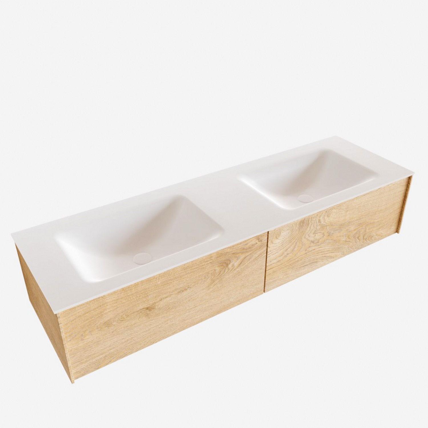 Badkamermeubel BWS Madrid Washed Oak 150x45x30 cm Mat Witte Solid Surface Wastafel Dubbel (2 lades, 2 kraangaten)