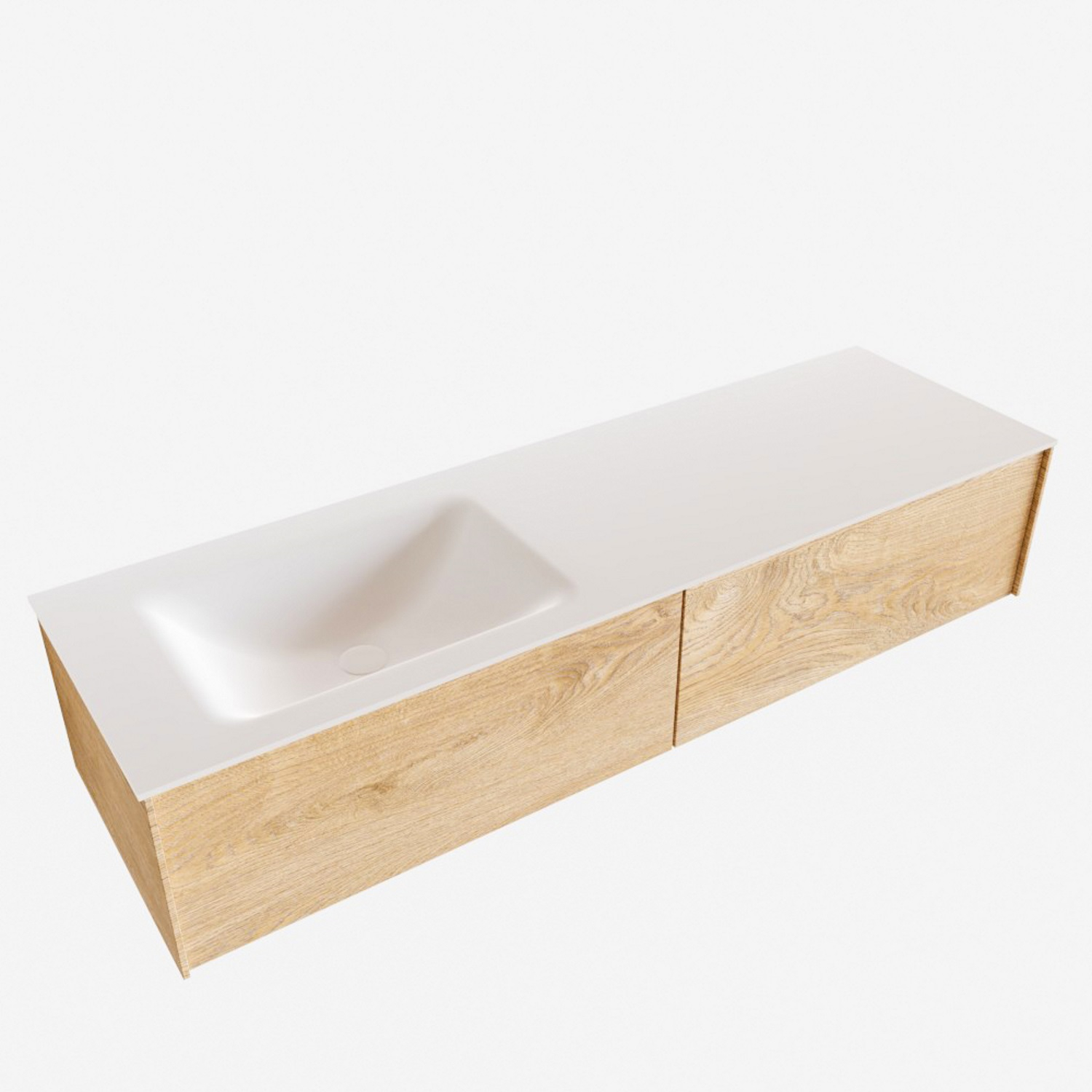 Badkamermeubel BWS Madrid Washed Oak 150x45x30 cm Mat Witte Solid Surface Wastafel Links (2 lades, 0 kraangaten)