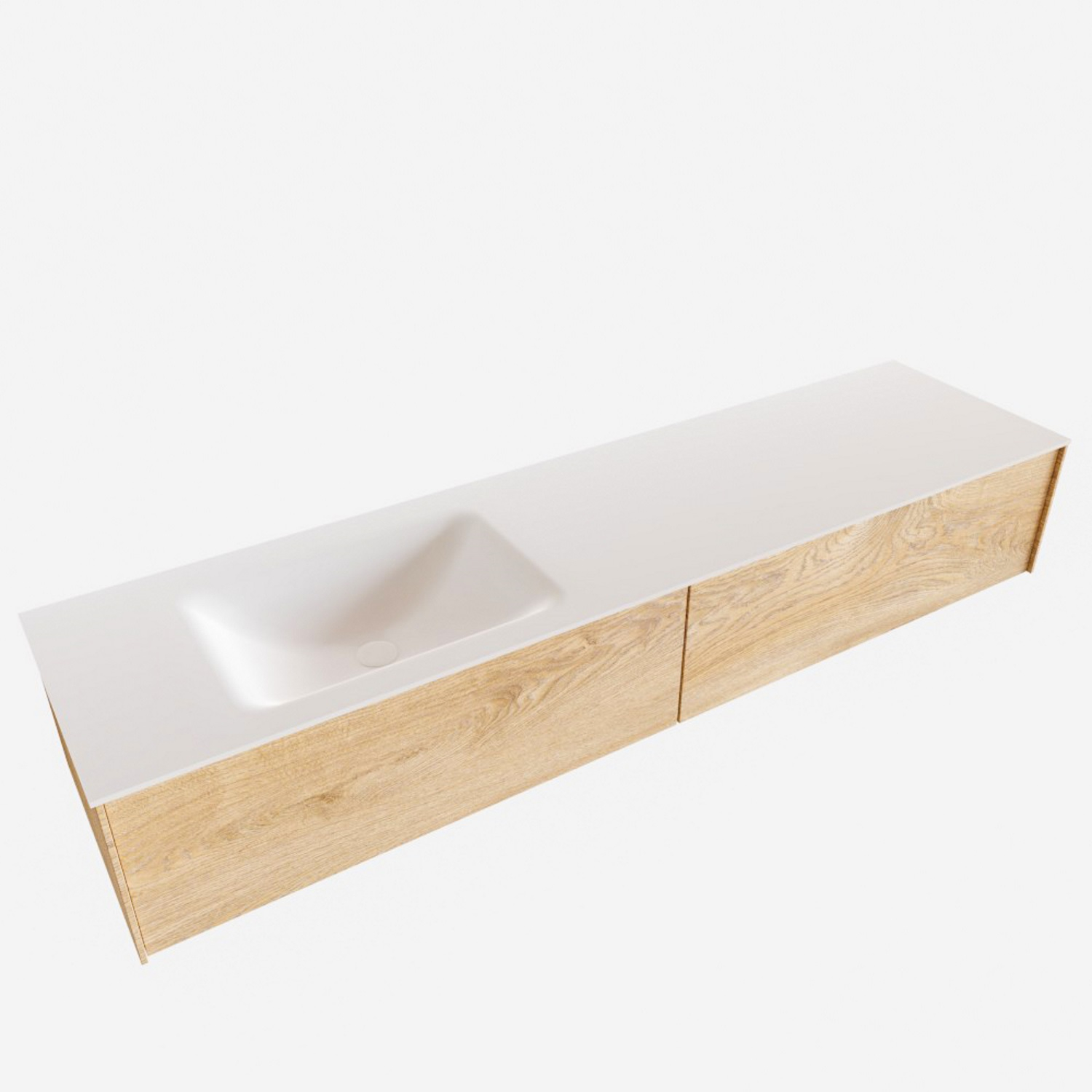 Badkamermeubel BWS Madrid Washed Oak 180x45x30 cm Mat Witte Solid Surface Wastafel Links (2 lades, 0 kraangaten)