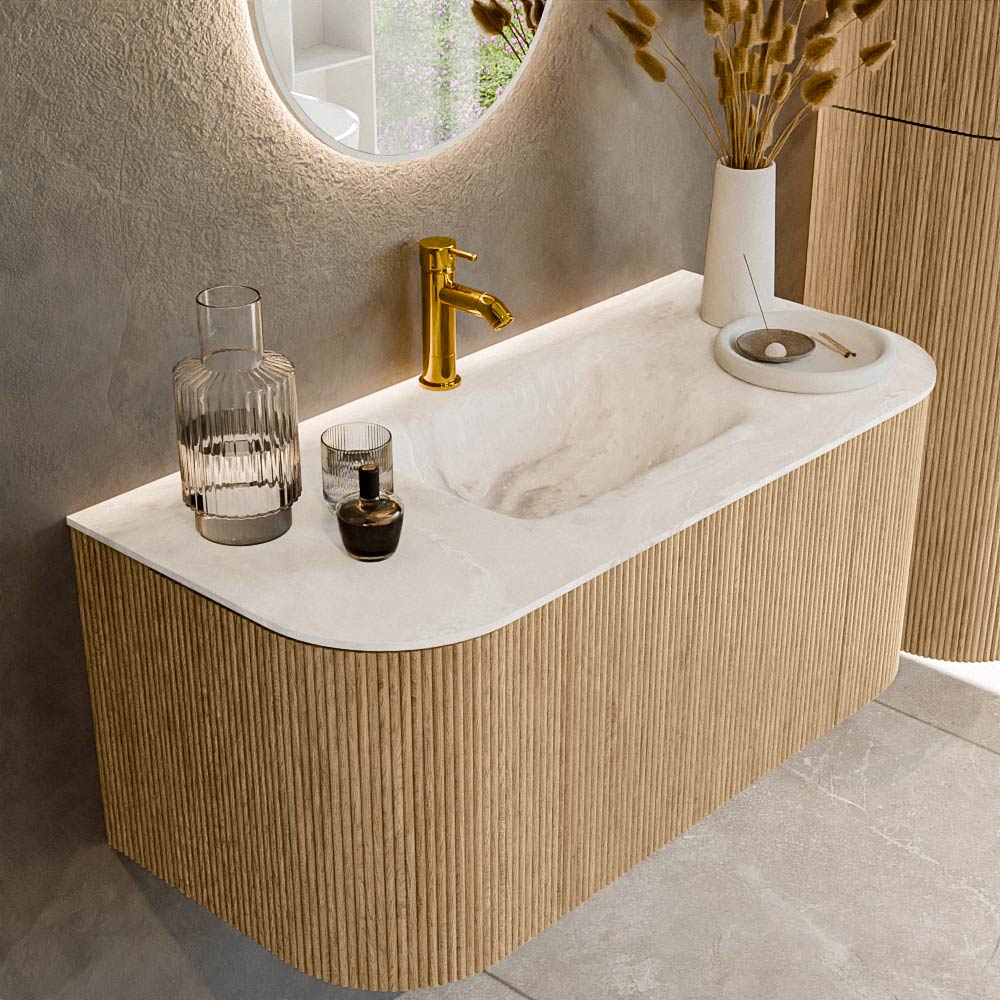Mondiaz KURVE-DLUX 100 cm Onderkast Greeploos 1 Lade Met Deuren Oak, Wastafel Solid Surface MIdden Frappe 1 Kraangat Zonder Spiegel (KRVGRU100L+R1L2D1KM-Oak/Fra)