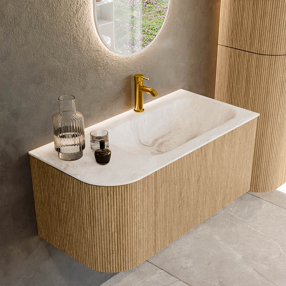 Mondiaz KURVE-DLUX 95 cm Onderkast Greeploos 1 Lade Met Deuren Oak, Wastafel Solid Surface Rechts Frappe 1 Kraangat Zonder Spiegel (KRVBGS95L1L1D1KR-Oak/Fra)