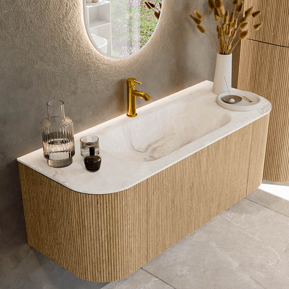 Mondiaz KURVE-DLUX 120 cm Onderkast Greeploos 1 Lade Met Deuren Oak, Wastafel Solid Surface Midden Frappe 1 Kraangat Zonder Spiegel (KRVBGS120L+R1L2D1KM-Oak/Fra)