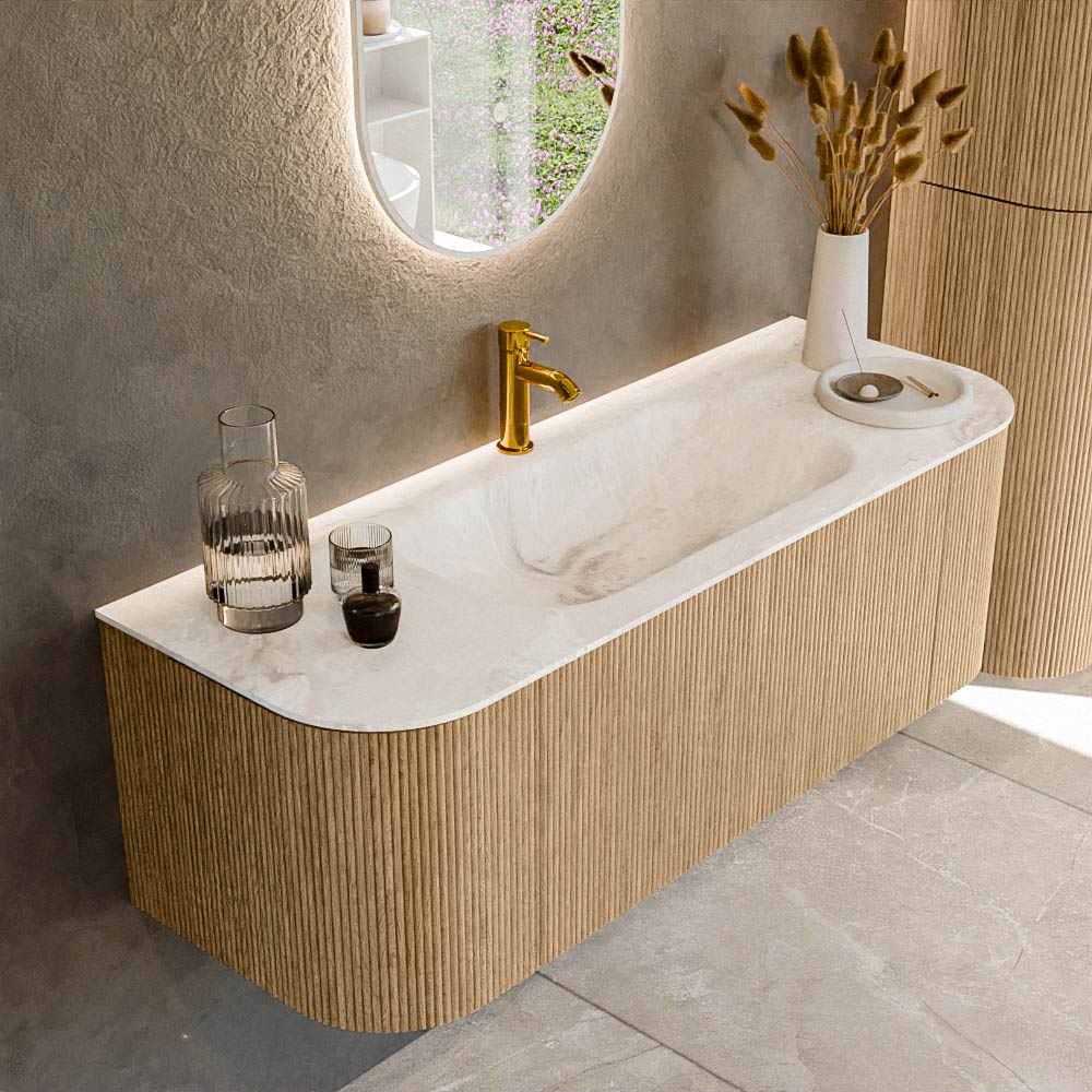 Mondiaz KURVE-DLUX 130 cm Onderkast Greeploos 1 Lade Met Deuren Oak, Wastafel Solid Surface Midden Frappe 1 Kraangat Zonder Spiegel (KRVBGS130L+R1L2D1KM-Oak/Fra)