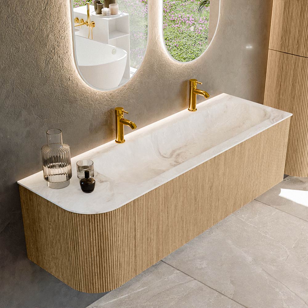 Mondiaz KURVE-DLUX 145 cm Onderkast Greeploos 1 Lade Met Deuren Oak, Wastafel Solid Surface Rechts Frappe 2 Kraangaten Zonder Spiegel (KRVBGL145L1L1D2KR-Oak/Fra)