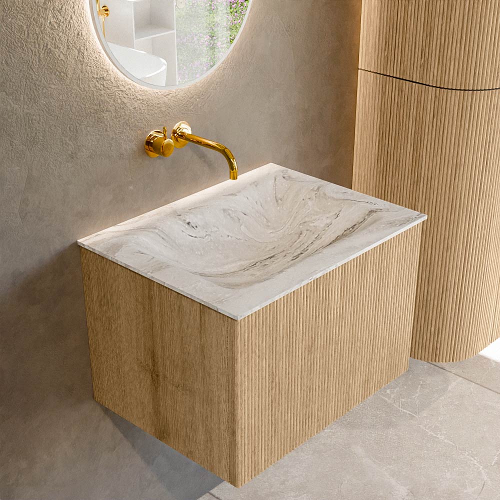 Mondiaz KURVE-DLUX 60 cm Onderkast Greeploos 1 Lade Zonder Deuren Oak, Wastafel Solid Surface Midden Glace 0 Kraangaten Zonder Spiegel (KRVCLO601L0D0KM-Oak/Gla)