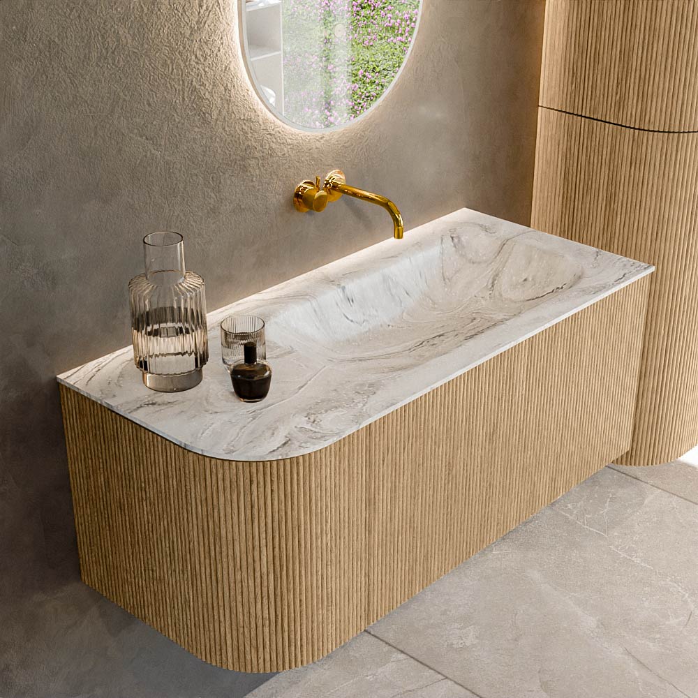 Mondiaz KURVE-DLUX 105 cm Onderkast Greeploos 1 Lade Met Deuren Oak, Wastafel Solid Surface Rechts Glace 0 Kraangaten Zonder Spiegel (KRVBGS105L1L1D0KR-Oak/Gla)