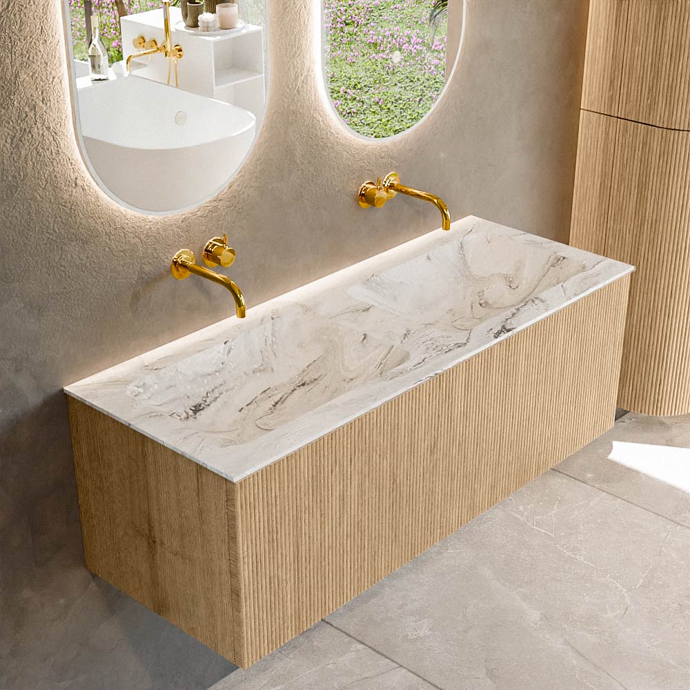 Mondiaz KURVE-DLUX 120 cm Onderkast Greeploos 1 Lade Zonder Deuren Oak, Wastafel Solid Surface Dubbel Glace 0 Kraangaten Zonder Spiegel (KRVLEA1201L0D0KD-Oak/Gla)