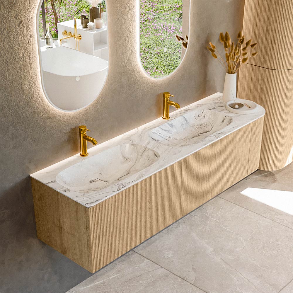 Mondiaz KURVE-DLUX 165 cm Onderkast Greeploos 2 Lades Met Deuren Oak, Wastafel Solid Surface Links Glace 2 Kraangaten Zonder Spiegel (KRVSTS165R2L1D2KD-Oak/Gla)
