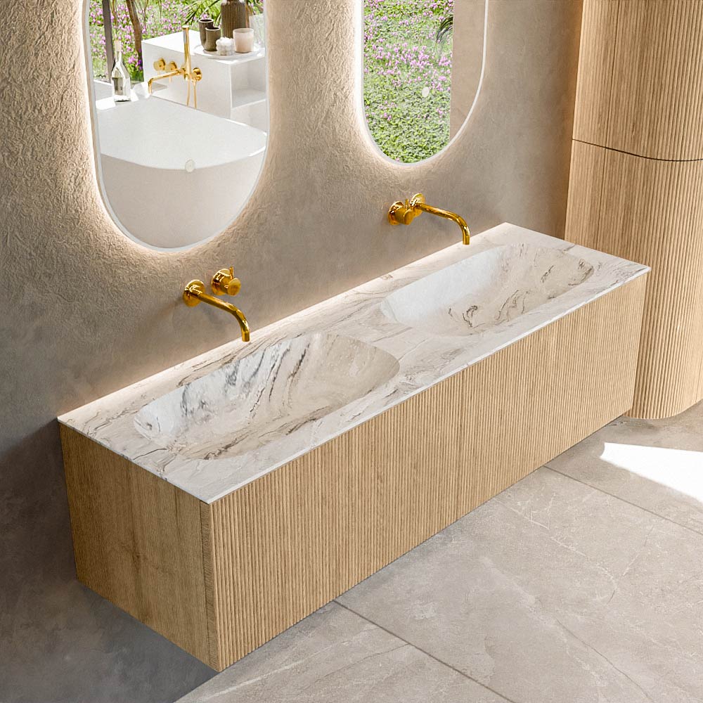 Mondiaz KURVE-DLUX 150 cm Onderkast Greeploos 2 Lades Zonder Deuren Oak, Wastafel Solid Surface Dubbel Glace 0 Kraangaten Zonder Spiegel (KRVSTS1502L0D0KD-Oak/Gla)
