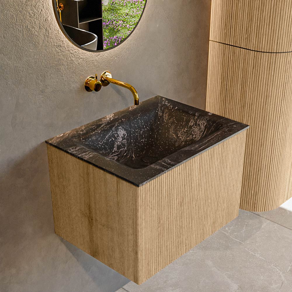Mondiaz KURVE-DLUX 60 cm Onderkast Greeploos 1 Lade Zonder Deuren Oak, Wastafel Solid Surface Midden Lava 0 Kraangaten Zonder Spiegel (KRVCLO601L0D0KM-Oak/Lav)