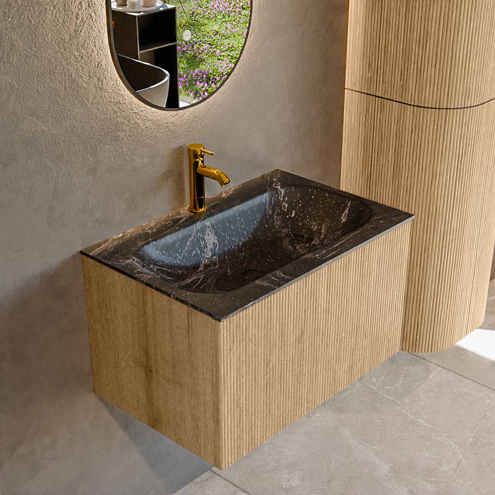 Mondiaz KURVE-DLUX 70 cm Onderkast Greeploos 1 Lade Zonder Deuren Oak, Wastafel Solid Surface Volledig Lava 1 Kraangat Zonder Spiegel (KRVBGS701L0D1KM-Oak/Lav)