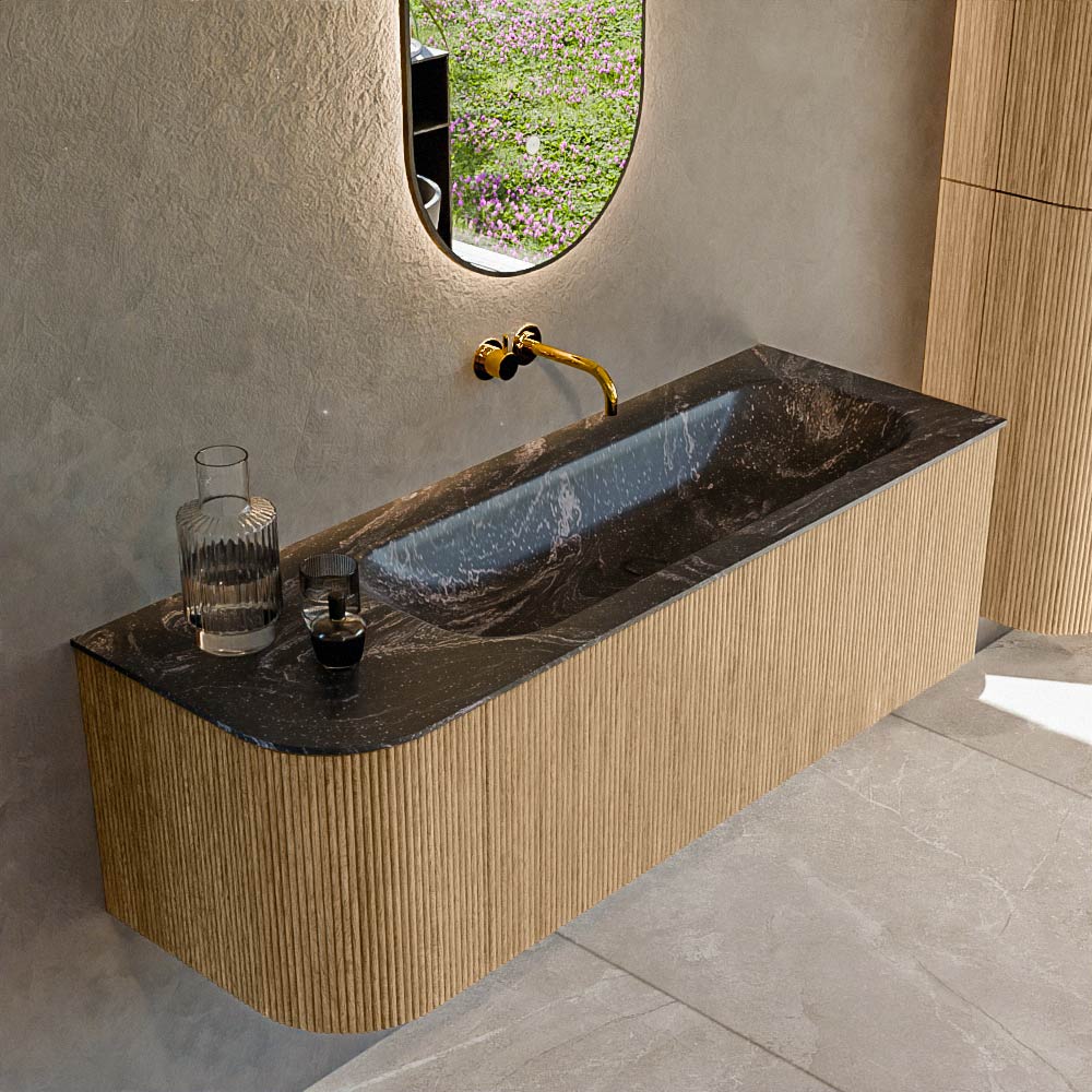 Mondiaz KURVE-DLUX 135 cm Onderkast Greeploos 1 Lade Met Deuren Oak, Wastafel Solid Surface Rechts Lava 0 Kraangaten Zonder Spiegel (KRVBGM135L1L1D0KR-Oak/Lav)