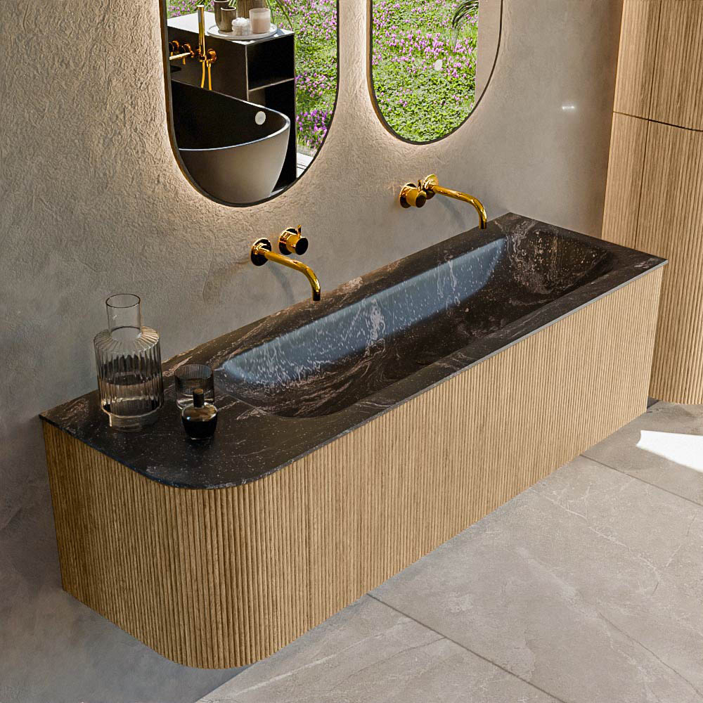 Mondiaz KURVE-DLUX 145 cm Onderkast Greeploos 1 Lade Met Deuren Oak, Wastafel Solid Surface Rechts Lava 0 Kraangaten Zonder Spiegel (KRVBGL145L1L1D0KR-Oak/Lav)