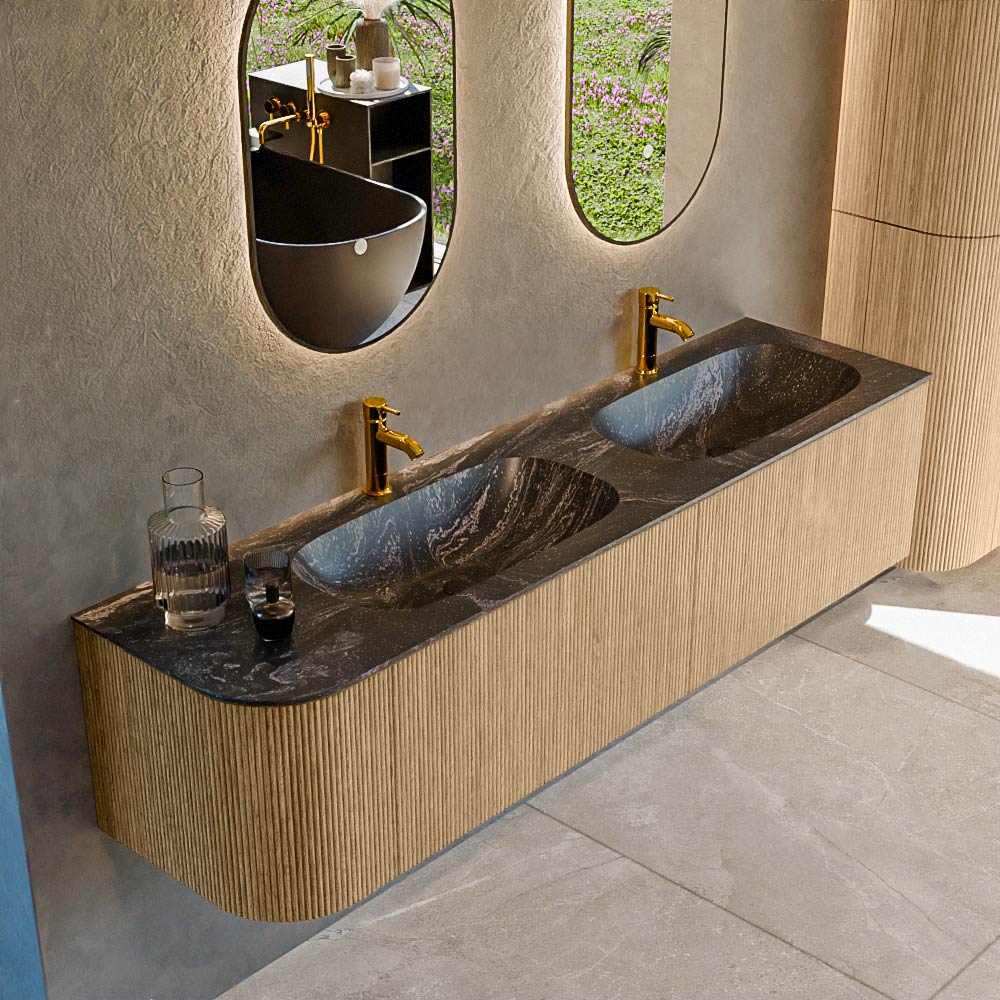 Mondiaz KURVE-DLUX 175 cm Onderkast Greeploos 2 Lades Met Deuren Oak, Wastafel Solid Surface Rechts Lava 2 Kraangaten Zonder Spiegel (KRVSTS175L2L1D2KD-Oak/Lav)