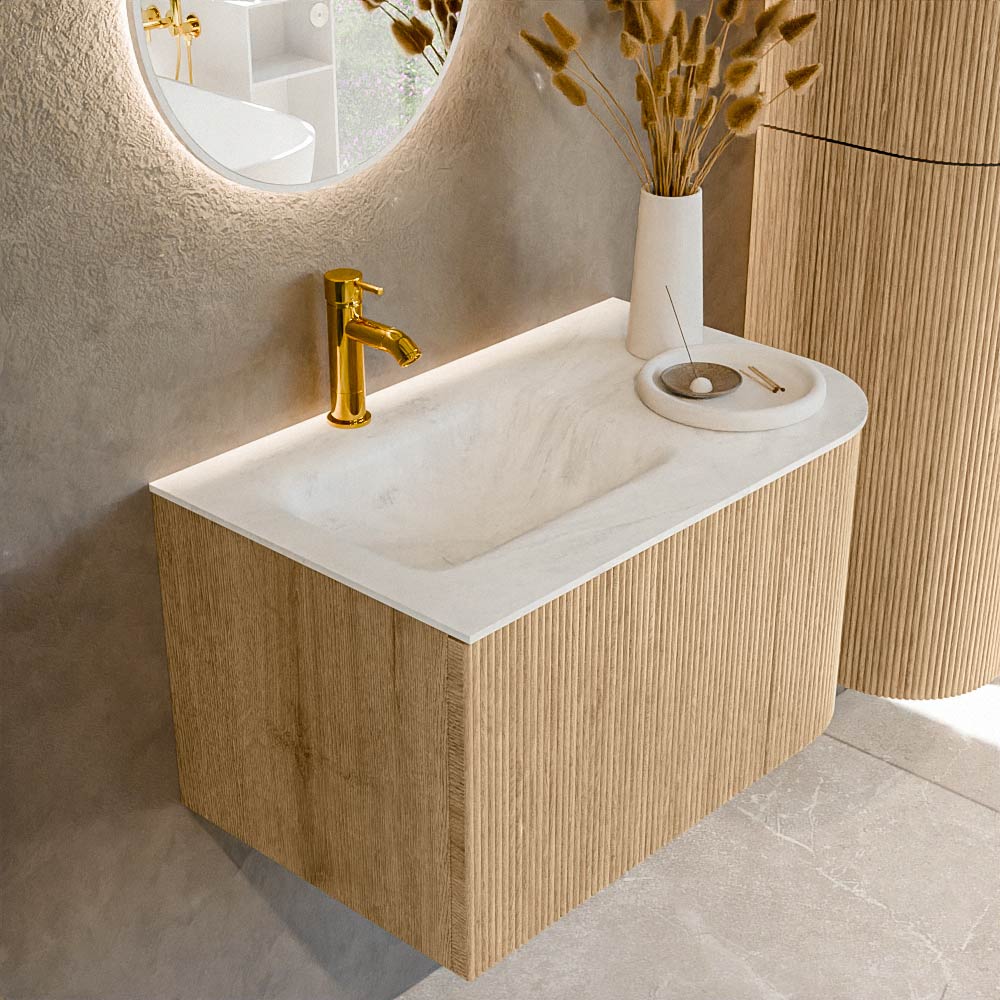 Mondiaz KURVE-DLUX 75 cm Onderkast Greeploos 1 Lade Met Deuren Oak, Wastafel Solid Surface Links Opalo 1 Kraangat Zonder Spiegel (KRVGRU75R1L1D1KL-Oak/Opa)