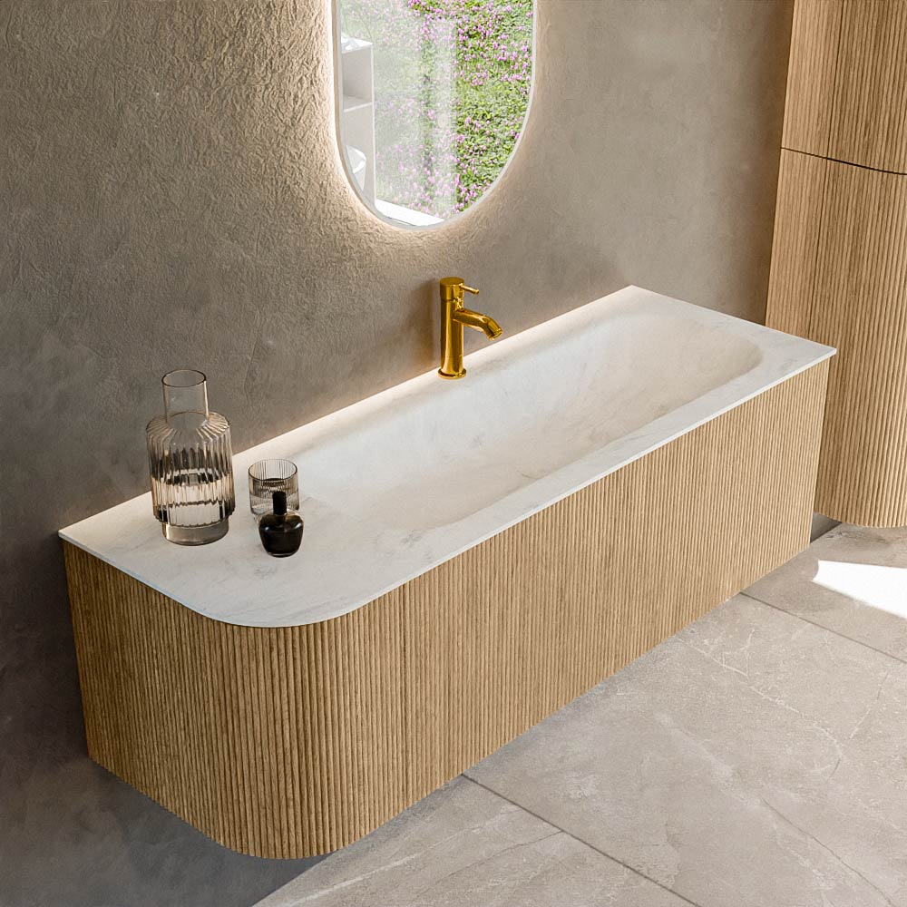Mondiaz KURVE-DLUX 135 cm Onderkast Greeploos 1 Lade Met Deuren Oak, Wastafel Solid Surface Rechts Opalo 1 Kraangat Zonder Spiegel (KRVBGM135L1L1D1KR-Oak/Opa)