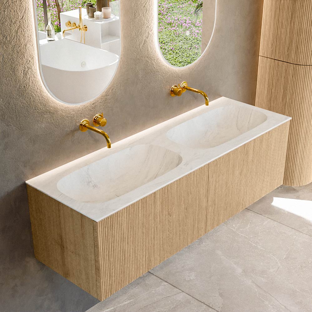 Mondiaz KURVE-DLUX 140 cm Onderkast Greeploos 2 Lades Zonder Deuren Oak, Wastafel Solid Surface Dubbel Opalo 0 Kraangaten Zonder Spiegel (KRVSTS1402L0D0KD-Oak/Opa)