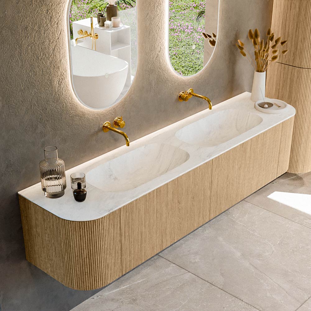 Mondiaz KURVE-DLUX 190 cm Onderkast Greeploos 2 Lades Met Deuren Oak, Wastafel Solid Surface Dubbel Opalo 0 Kraangaten Zonder Spiegel (KRVSTS190L+R2L2D0KD-Oak/Opa)