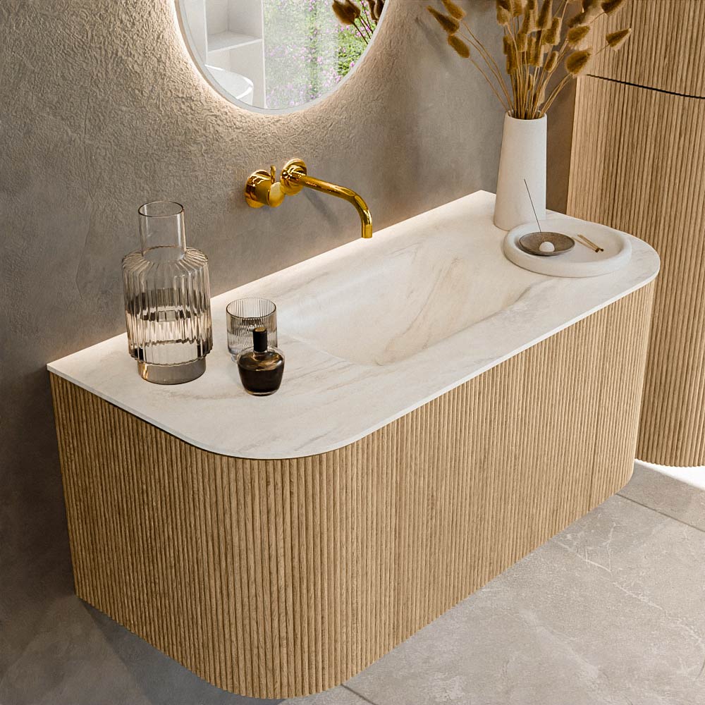 Mondiaz KURVE-DLUX 100 cm Onderkast Greeploos 1 Lade Met Deuren Oak, Wastafel Solid Surface MIdden Ostra 0 Kraangaten Zonder Spiegel (KRVGRU100L+R1L2D0KM-Oak/Ost)