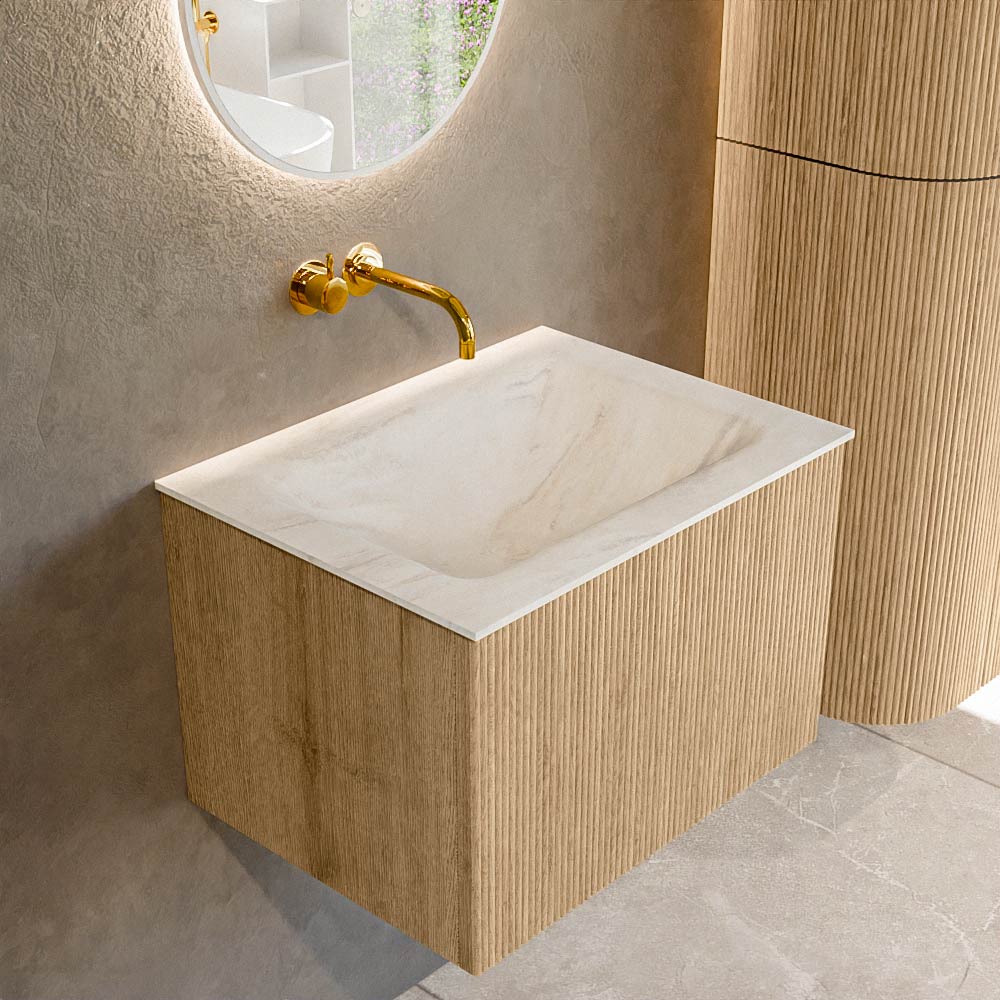Mondiaz KURVE-DLUX 60 cm Onderkast Greeploos 1 Lade Zonder Deuren Oak, Wastafel Solid Surface Midden Ostra 0 Kraangaten Zonder Spiegel (KRVCLO601L0D0KM-Oak/Ost)