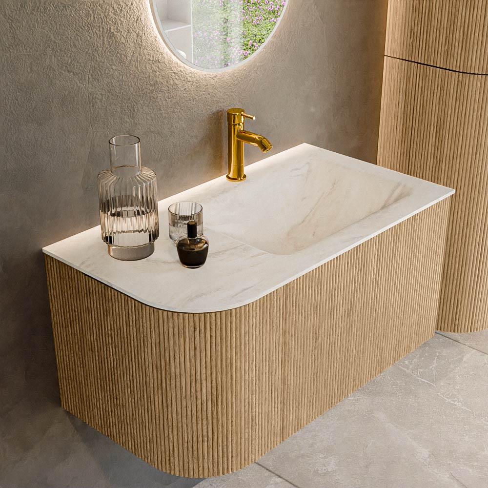 Mondiaz KURVE-DLUX 85 cm Onderkast Greeploos 1 Lade Met Deuren Oak, Wastafel Solid Surface Rechts Ostra 1 Kraangat Zonder Spiegel (KRVCLO85L1L1D1KR-Oak/Ost)
